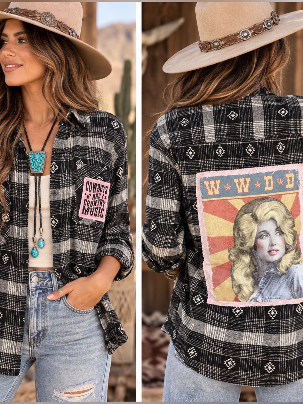 Custom by Tay: Black & White Plaid Button-Up Jacket with Patch and Dolly Parton